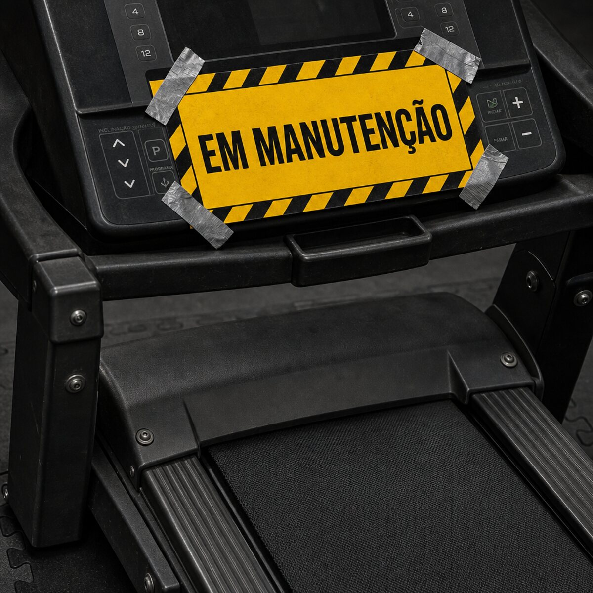 Close da esteira com placa Em manutenção